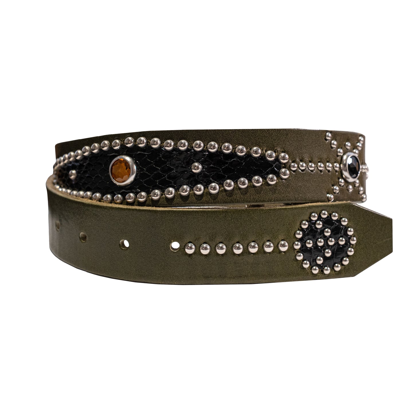 STUDDED BLACK SNAKESKIN BELT IN GREEN 03