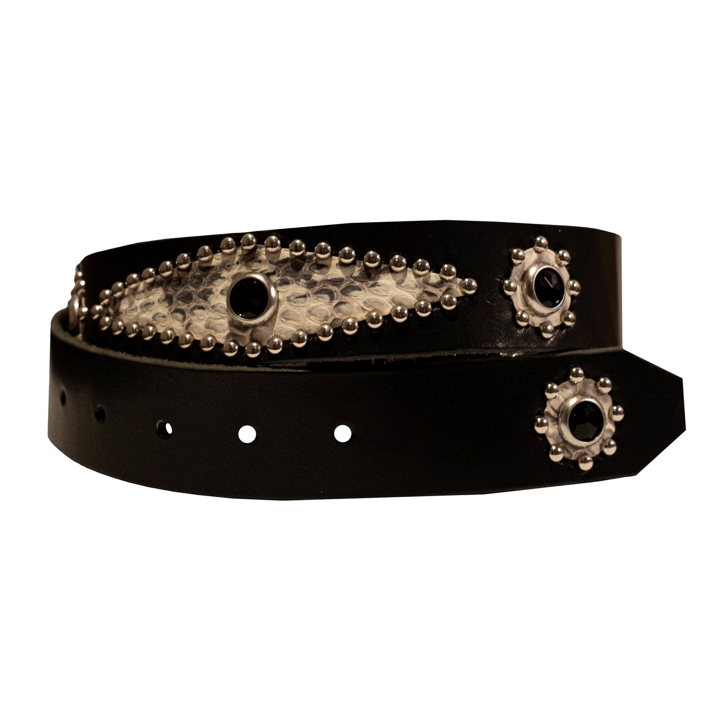 STUDDED WHITE SNAKESKIN BELT IN BLACK 02