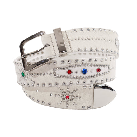 STUDDED CALF-HAIR BELT IN WHITE
