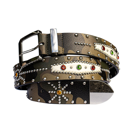 STUDDED CAMO COWHIDE BELT IN GREEN
