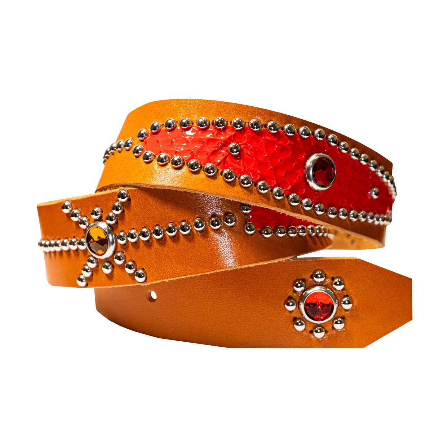 STUDDED RED SNAKESKIN BELT IN ORANGE 01