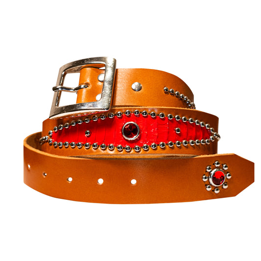 STUDDED RED SNAKESKIN BELT IN ORANGE 01
