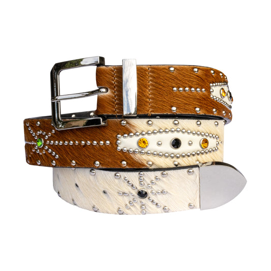 STUDDED PONY HAIR BELT IN TAN/WHITE