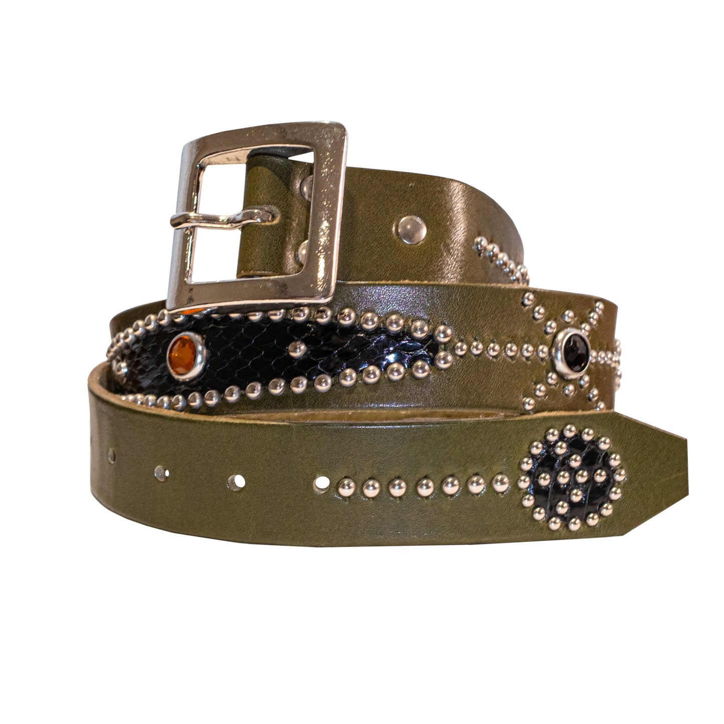 STUDDED BLACK SNAKESKIN BELT IN GREEN 03