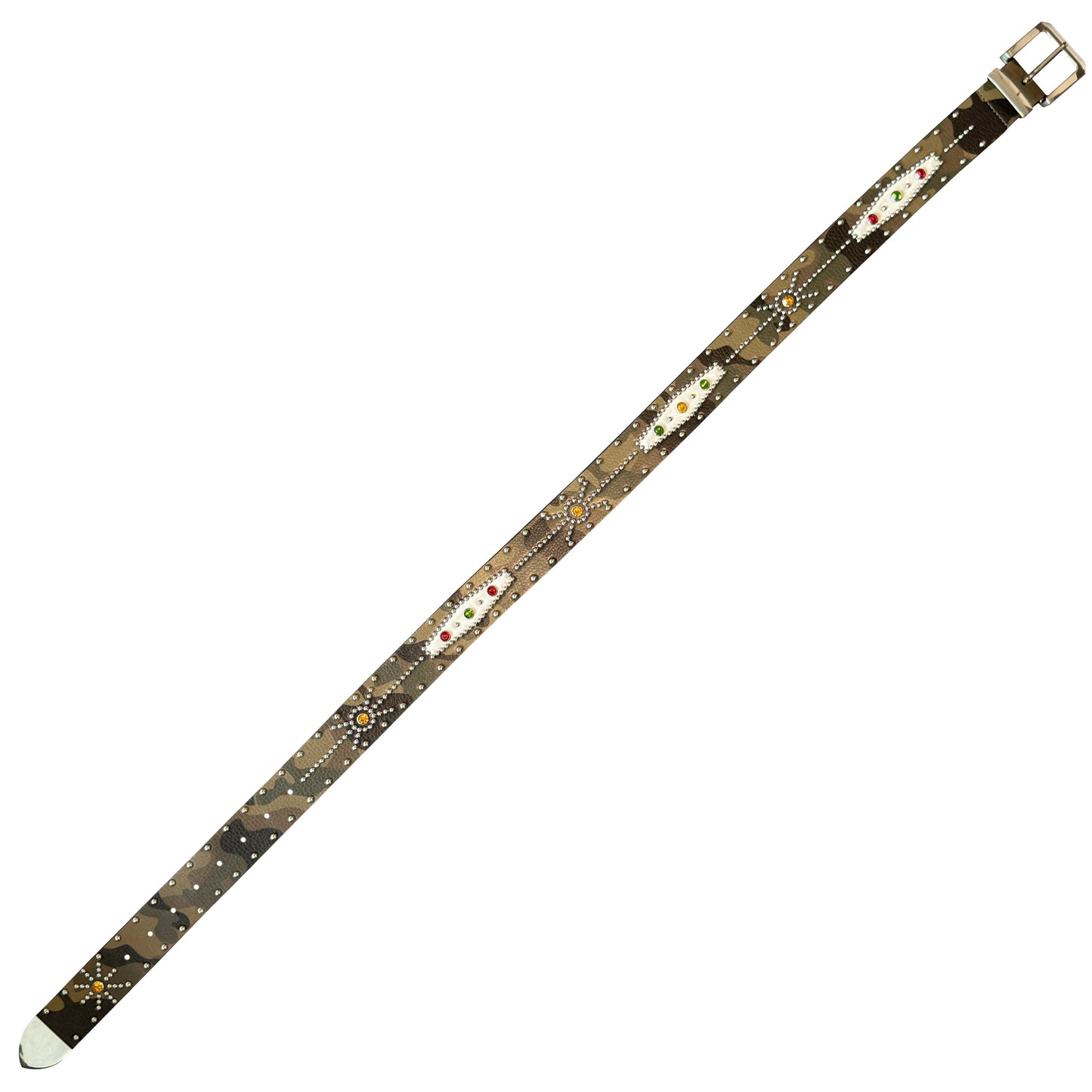 STUDDED CAMO COWHIDE BELT IN GREEN