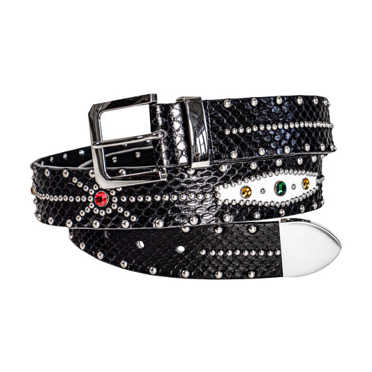 STUDDED SNAKESKIN BELT IN BLACK