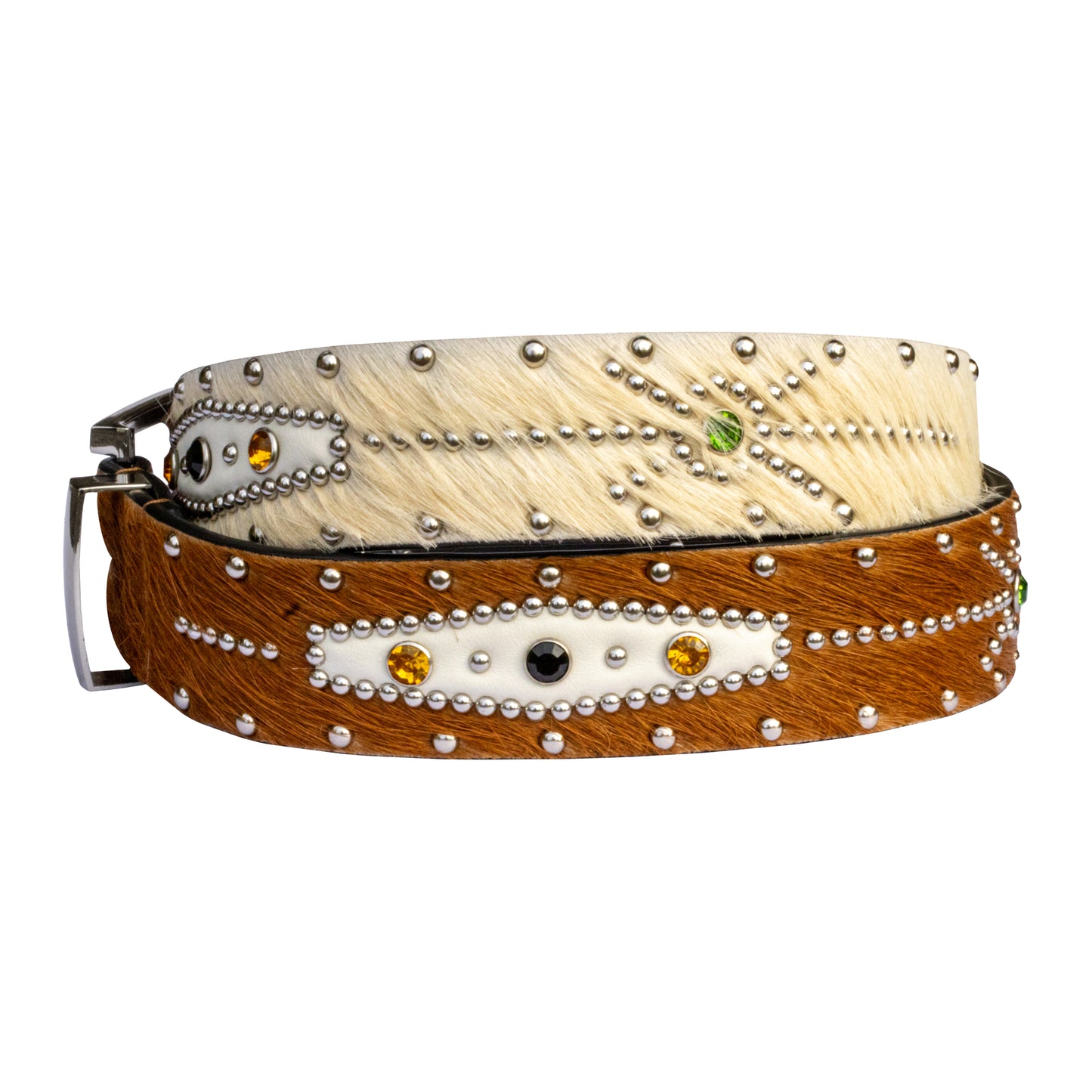 STUDDED PONY HAIR BELT IN TAN/WHITE