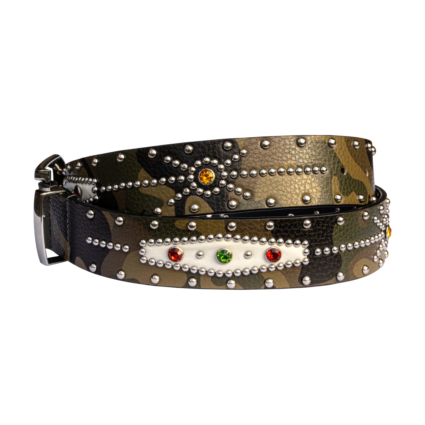 STUDDED CAMO COWHIDE BELT IN GREEN