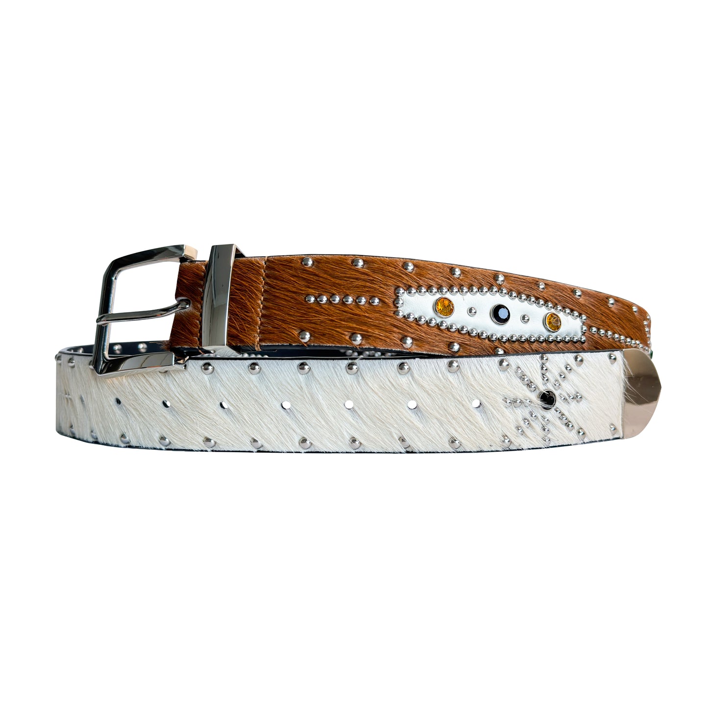 STUDDED PONY HAIR BELT IN TAN/WHITE