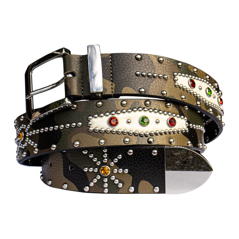 STUDDED CAMO COWHIDE BELT IN GREEN