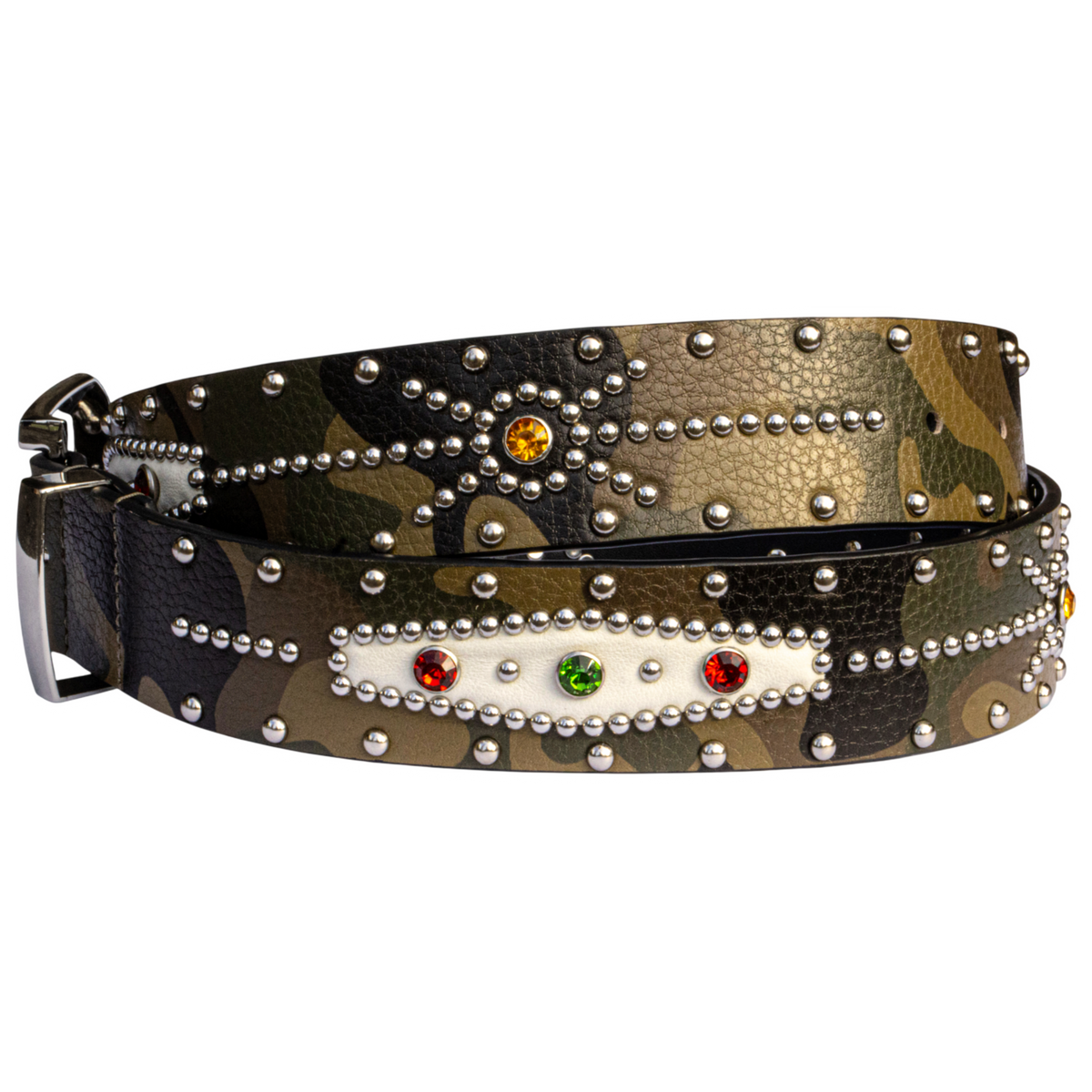 STUDDED CAMO COWHIDE BELT IN GREEN