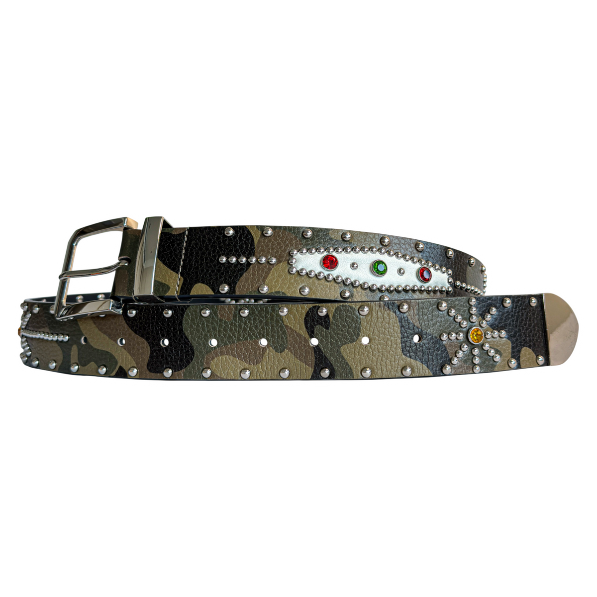 STUDDED CAMO COWHIDE BELT IN GREEN